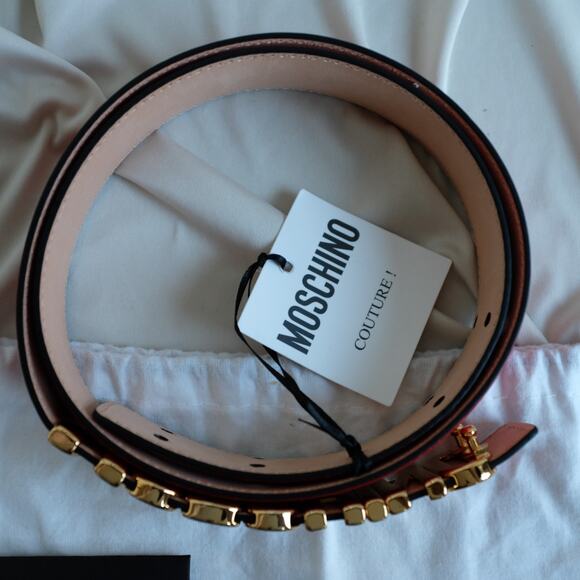 Moschino Milano Italy Red Leather Belt Buckle Gold Logo Unisex size 44 NEW main image 5